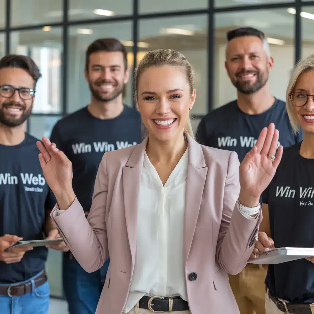 En leende grupp på fem kollegor står tillsammans på ett kontor. Kvinnan framför bär en rosa kavaj, medan de andra sportar matchande "Win Win Web"-skjortor. De ser glada ut med sina surfplattor och förkroppsligar en sömlös hanterad WordPress-miljö, uppbackad av ett rum med glasväggar i bakgrunden.