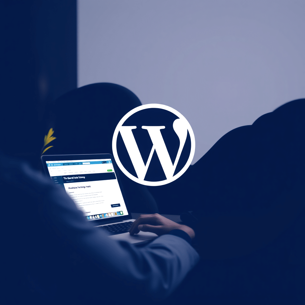 Laptopskärm som visar ett webbplatsgränssnitt, suddig i bakgrunden. Stor WordPress-logotyp i vitt överlagrar mitten av bilden.