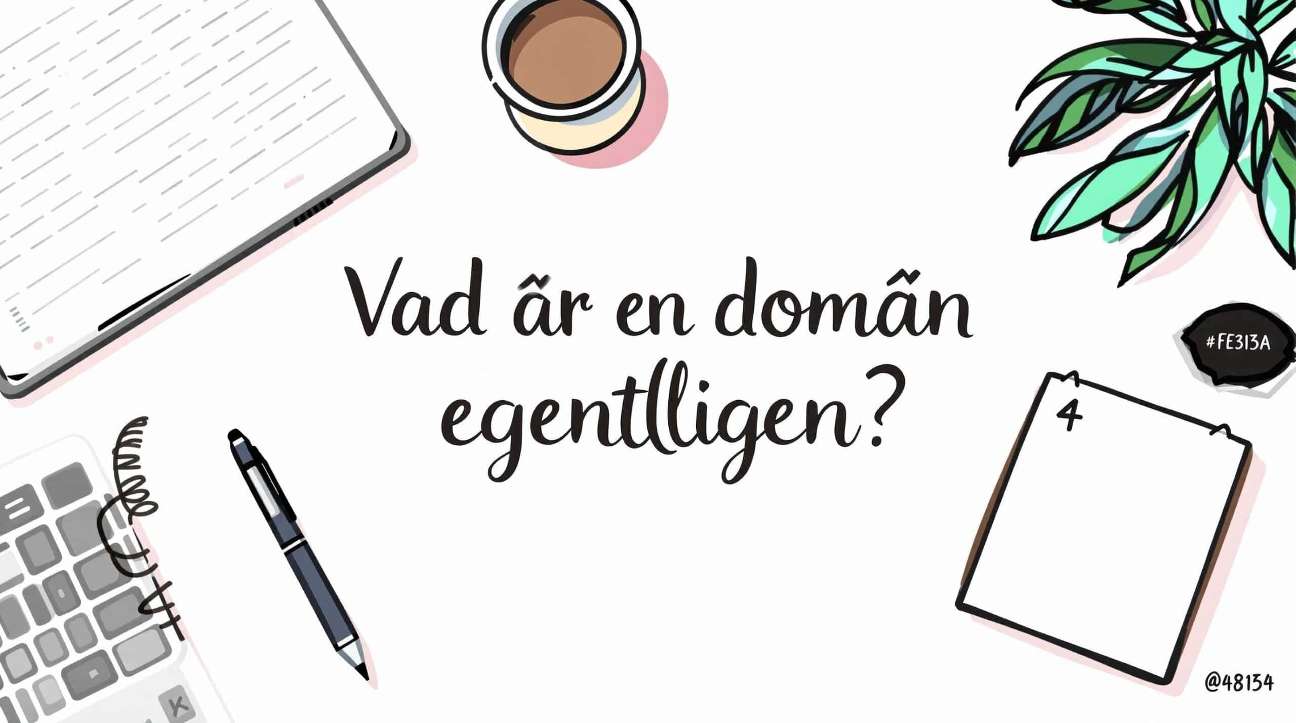 Illustration med svensk text "Vad är en domän egentligen?" omgiven av ett digitalt skyltfönster med notisblock, kaffekopp, telefon, penna och växt.